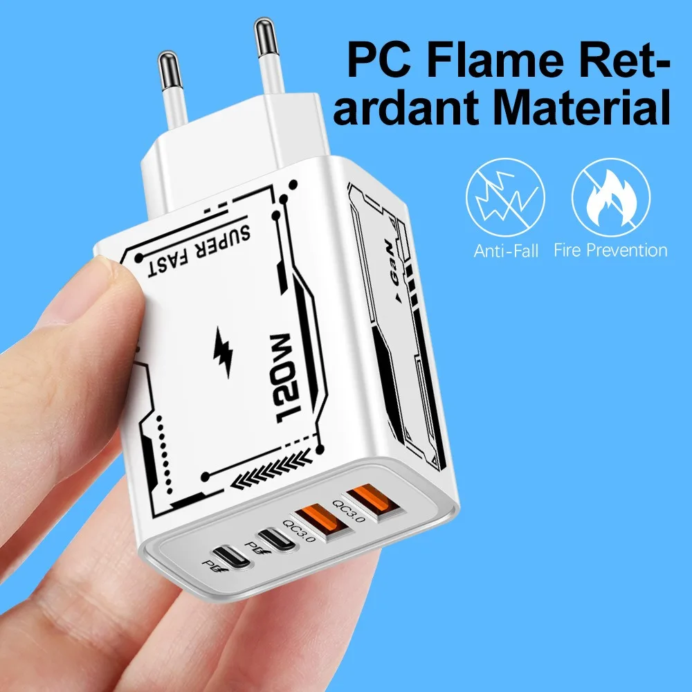 120W USB Charger Type C Mobile Phone Adapter Quick Charge 3.0 EU/US Plug Wall Chargers 6A Fast Charging Cable For iPhone Samsung
