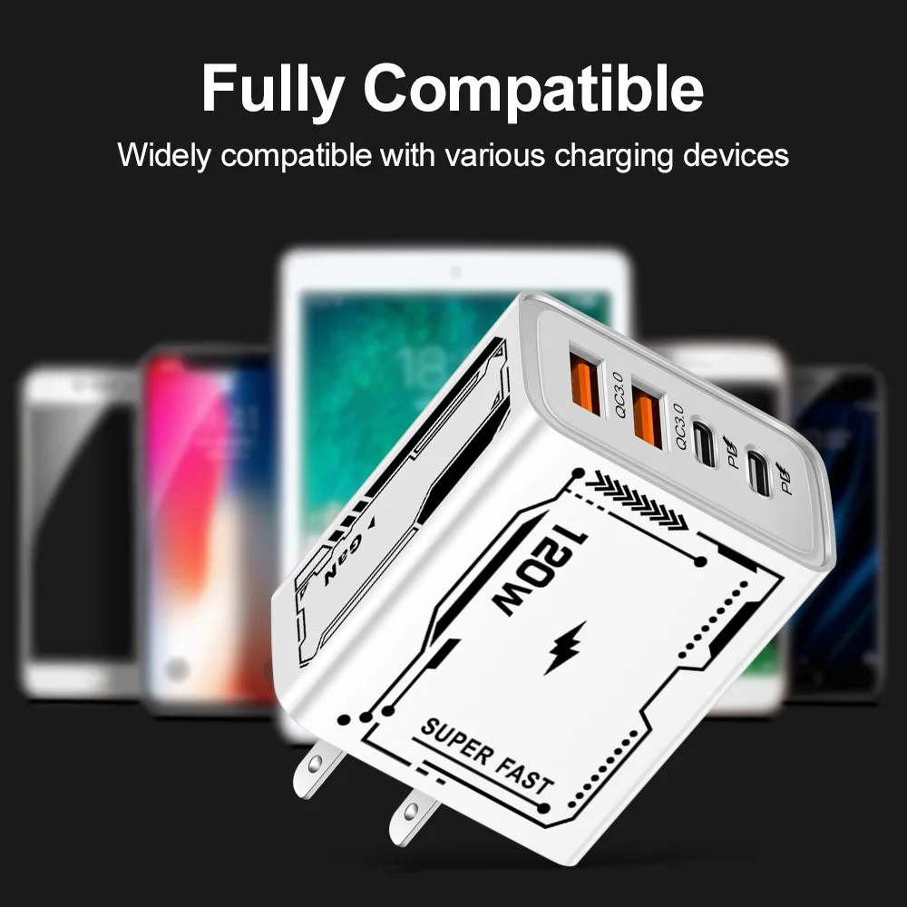 120W USB Charger Type C Mobile Phone Adapter Quick Charge 3.0 EU/US Plug Wall Chargers 6A Fast Charging Cable For iPhone Samsung