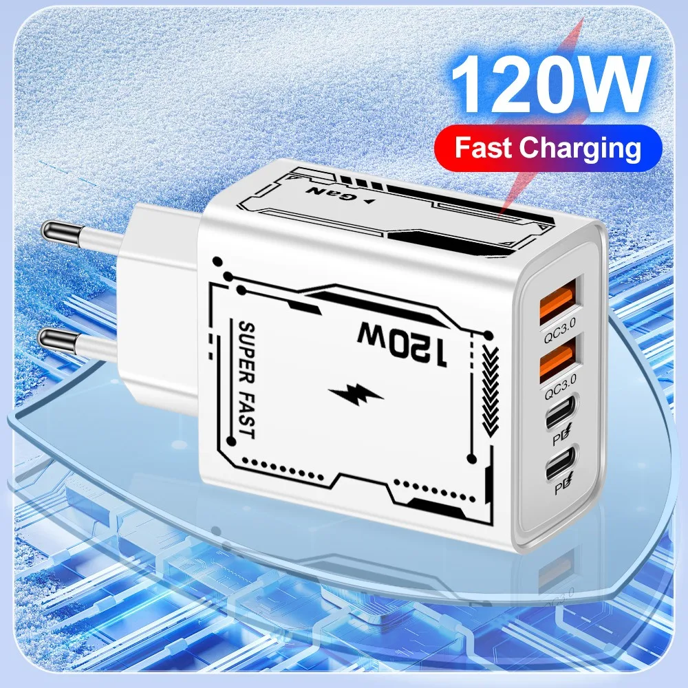 120W USB Charger Type C Mobile Phone Adapter Quick Charge 3.0 EU/US Plug Wall Chargers 6A Fast Charging Cable For iPhone Samsung