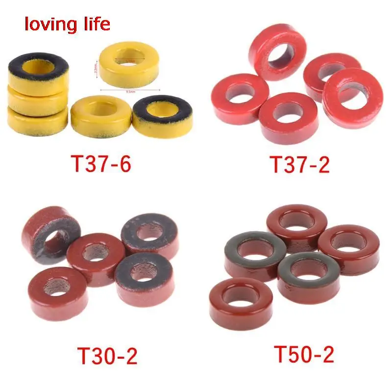 5pcs T37-6/T50-6/T37-2/ T-30-2 Iron Powder Cores 9.5*5.2*3.3mm Iron Dust Core Ferrite Toroid Core Coating
